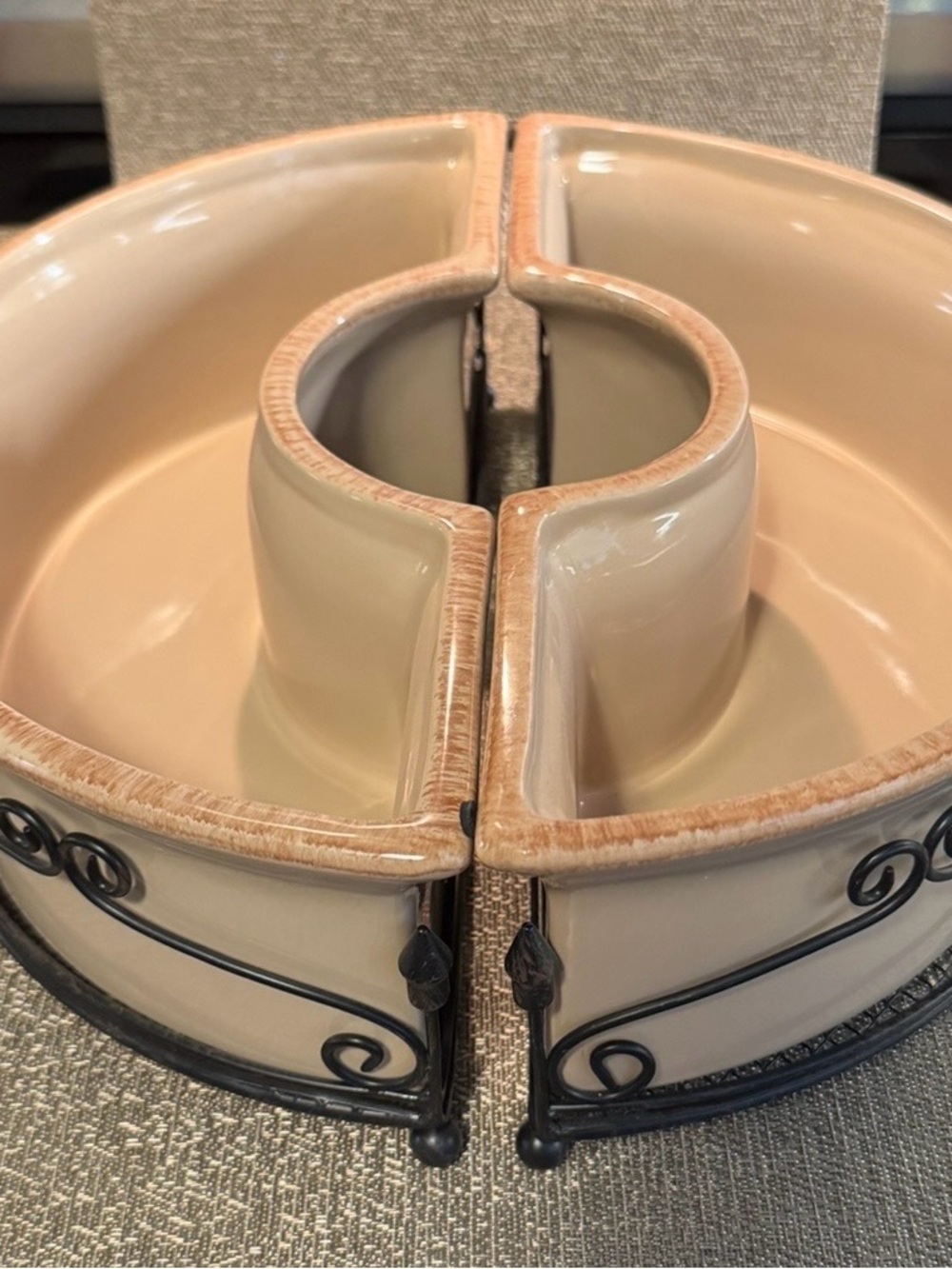 Ceramic Sectioned Dip Server with Metal Stand - Beige